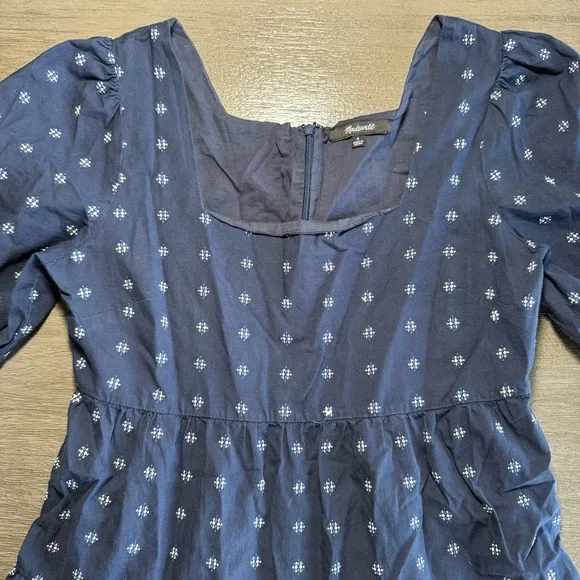 Madewell Square-Neck Puff-Sleeve Babydoll Dress Navy White 4 - Picture 5 of 12